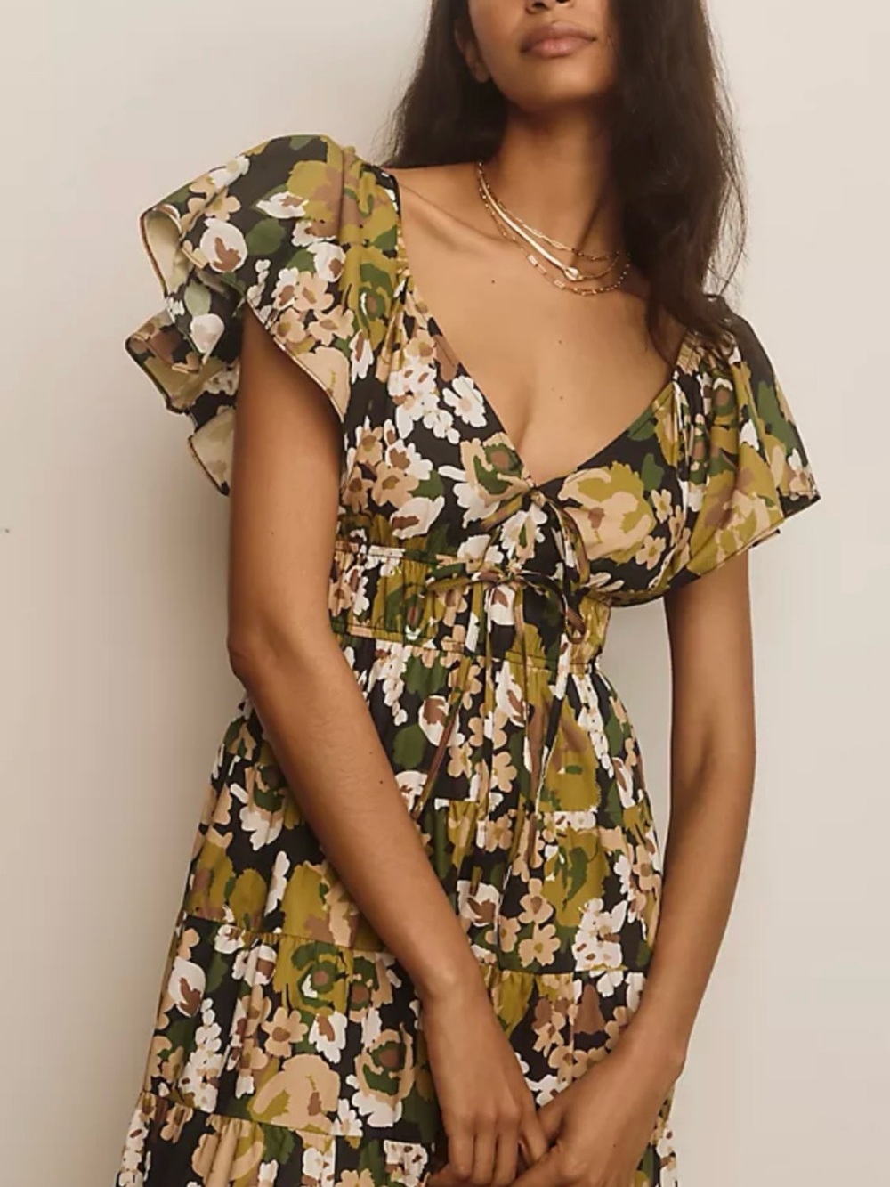 Moon River Olive Green Floral Tie-Front Midi Dress